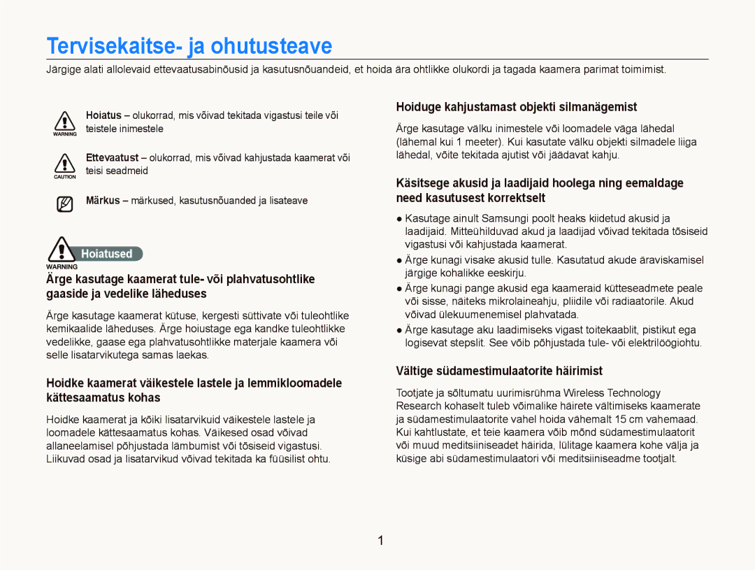 Samsung EC-ST5500BPARU manual Tervisekaitse- ja ohutusteave, Hoiduge kahjustamast objekti silmanägemist, Hoiatused 