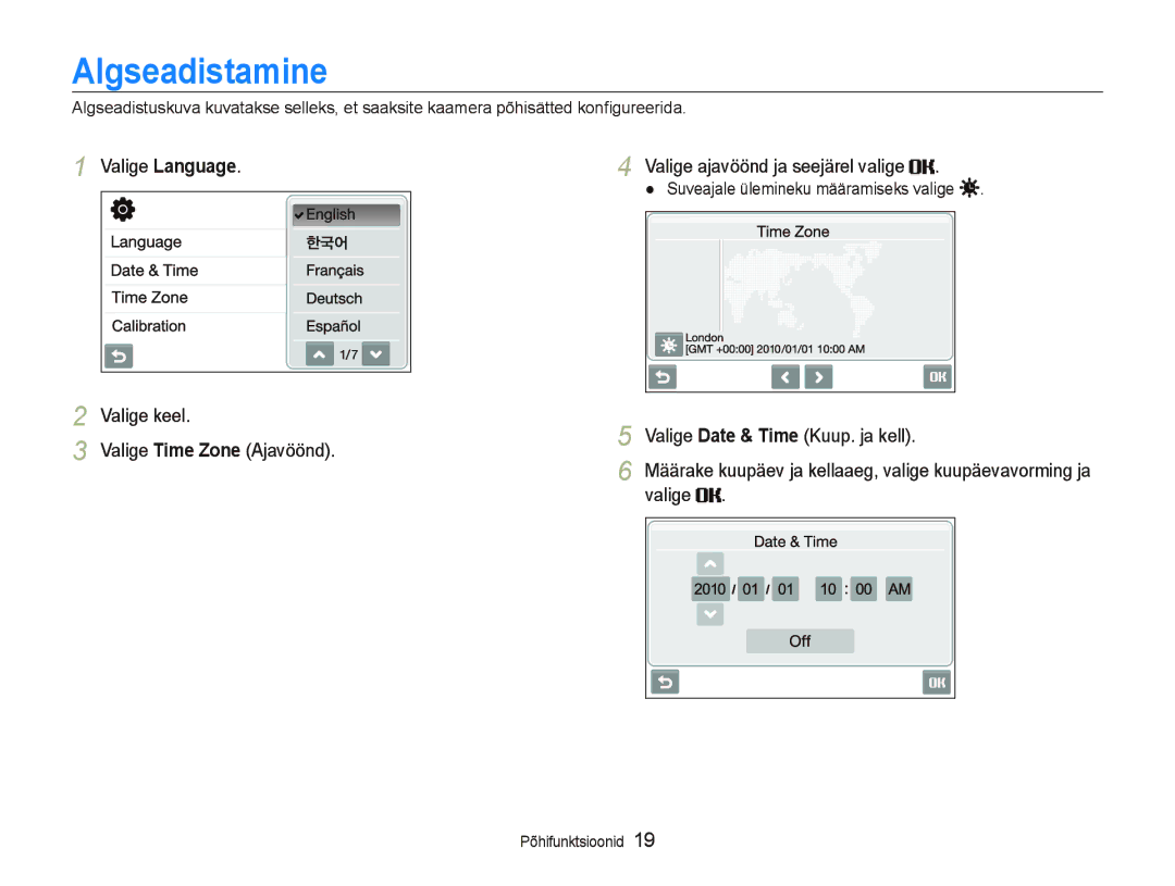 Samsung EC-ST5500BPOE1, EC-ST5500BPBRU Algseadistamine, Valige Language, Valige keel, Valige ajavöönd ja seejärel valige 