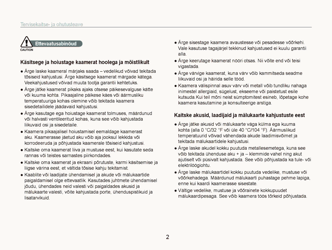 Samsung EC-ST5500BPAE1 manual Tervisekaitse- ja ohutusteave, Käsitsege ja hoiustage kaamerat hoolega ja mõistlikult 