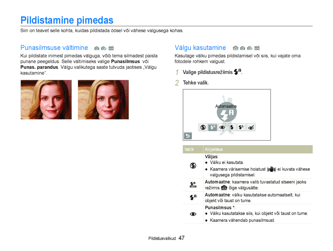 Samsung EC-ST5500BPOE1, EC-ST5500BPBRU manual Pildistamine pimedas, Punasilmsuse vältimine a p s, Välgu kasutamine S a p s 