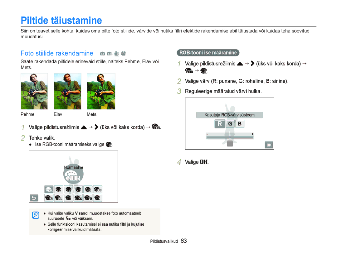 Samsung EC-ST5500BPOE1 Piltide täiustamine, Foto stiilide rakendamine a p d, Valige värv R punane, G roheline, B sinine 