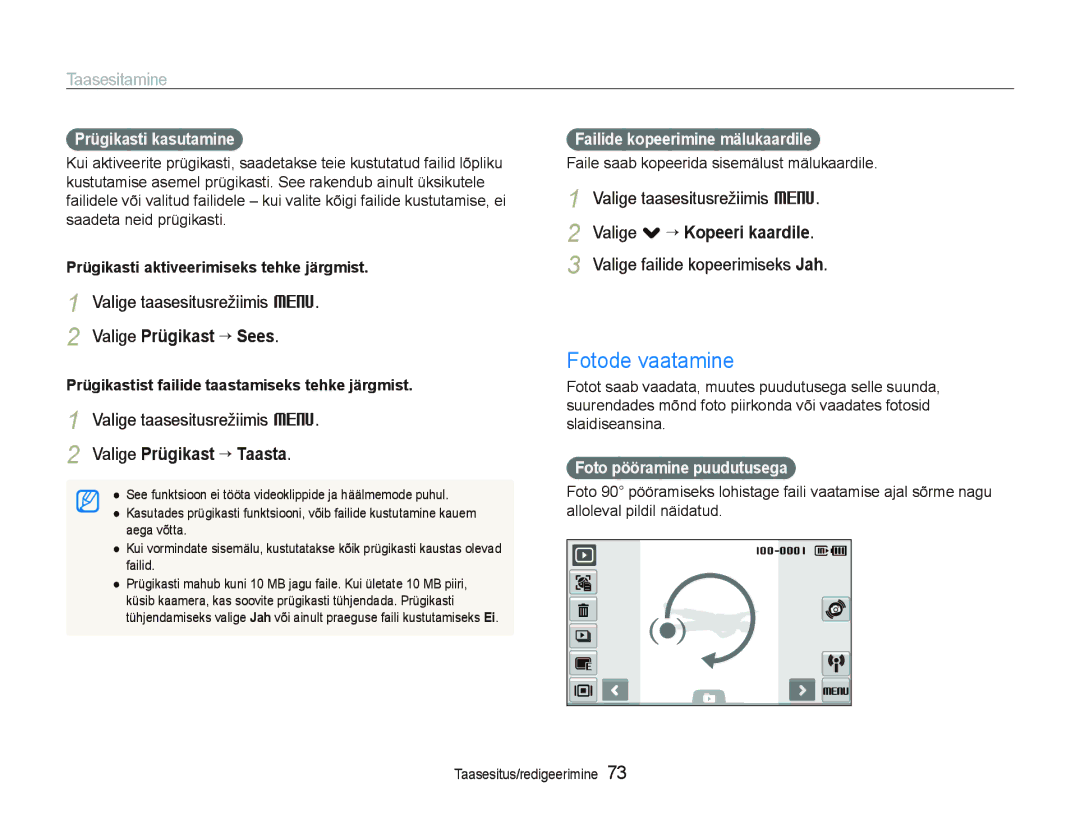 Samsung EC-ST5500BPARU Fotode vaatamine, Valige Prügikast “ Sees, Valige . ““Kopeeri kaardile, Valige Prügikast “ Taasta 