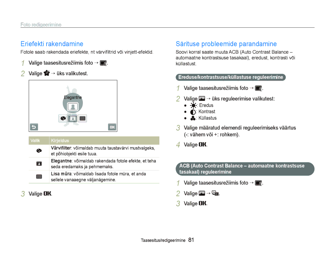 Samsung EC-ST5500BPARU, EC-ST5500BPOE1, EC-ST5500BPBRU manual Eriefekti rakendamine, Särituse probleemide parandamine, Valige 