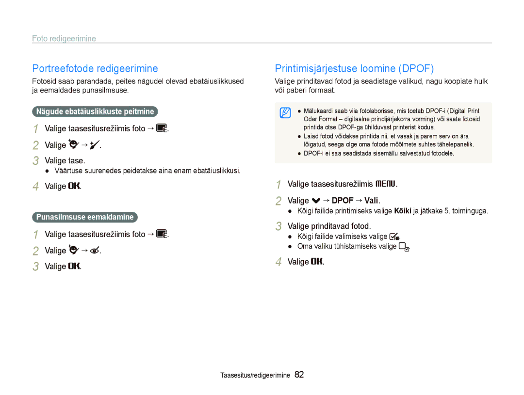 Samsung EC-ST5500BPAE1 manual Portreefotode redigeerimine, Printimisjärjestuse loomine Dpof, Valige prinditavad fotod 