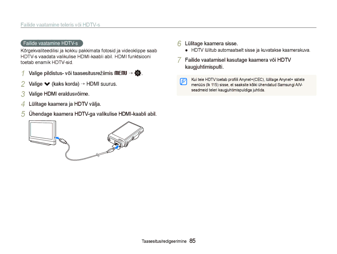 Samsung EC-ST5500BPARU, EC-ST5500BPOE1, EC-ST5500BPBRU, EC-ST5500BPAE1 manual Failide vaatamine teleris või HDTV-s 