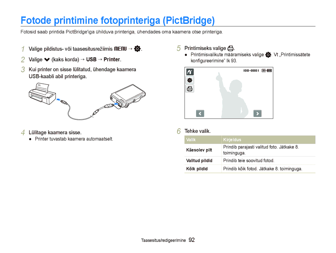 Samsung EC-ST5500BPBRU, EC-ST5500BPOE1 manual Fotode printimine fotoprinteriga PictBridge, Printimiseks valige, Toiminguga 