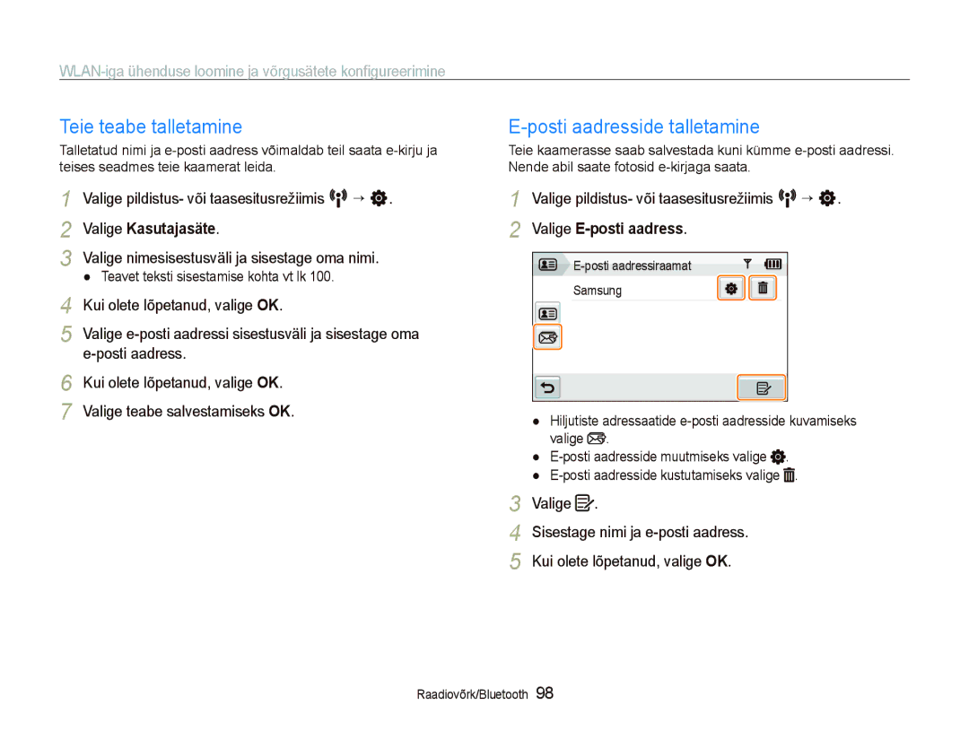 Samsung EC-ST5500BPAE1, EC-ST5500BPOE1, EC-ST5500BPBRU manual Posti aadresside talletamine, Valige teabe salvestamiseks OK 