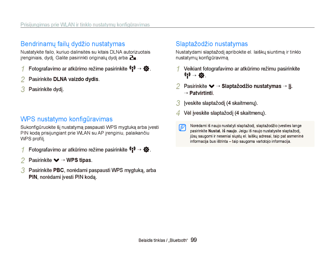 Samsung EC-ST5500BPOE1 manual Bendrinamų failų dydžio nustatymas, WPS nustatymo konﬁgūravimas, Slaptažodžio nustatymas 