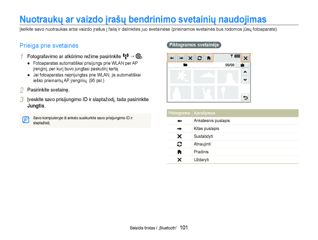 Samsung EC-ST5500BPARU manual Nuotraukų ar vaizdo įrašų bendrinimo svetainių naudojimas, Prieiga prie svetainės, Jungtis 