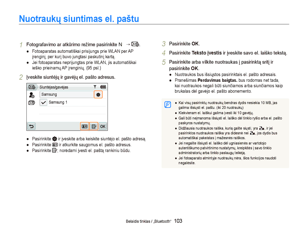 Samsung EC-ST5500BPOE1, EC-ST5500BPBRU manual Nuotraukų siuntimas el. paštu, Įveskite siuntėjų ir gavėjų el. pašto adresus 