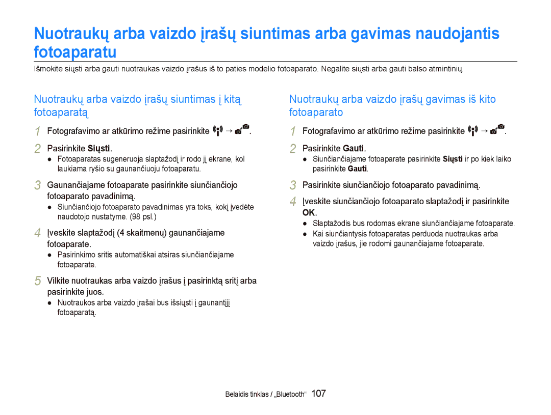 Samsung EC-ST5500BPOE1, EC-ST5500BPBRU manual Nuotraukų arba vaizdo įrašų siuntimas į kitą fotoaparatą, Pasirinkite Siųsti 