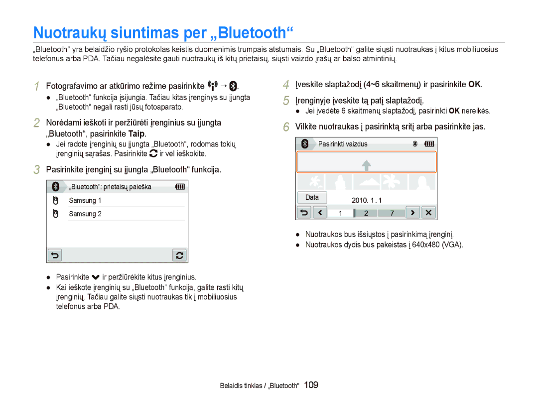 Samsung EC-ST5500BPARU manual Nuotraukų siuntimas per „Bluetooth, Pasirinkite įrenginį su įjungta „Bluetooth funkcija 