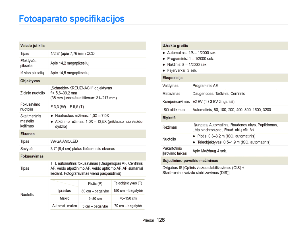 Samsung EC-ST5500BPAE1, EC-ST5500BPOE1, EC-ST5500BPBRU, EC-ST5500BPARU manual Fotoaparato speciﬁkacijos, Vaizdo jutiklis 