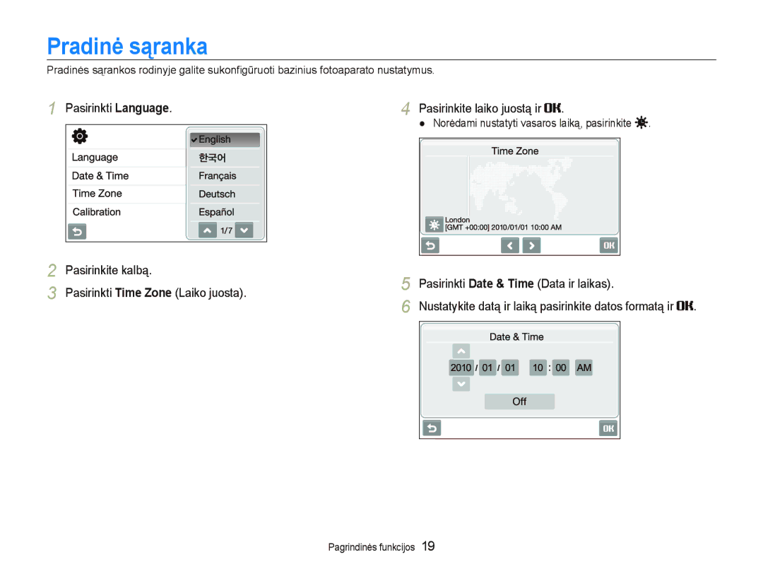 Samsung EC-ST5500BPOE1, EC-ST5500BPBRU, EC-ST5500BPARU Pradinė sąranka, Pasirinkti Language Pasirinkite laiko juostą ir 