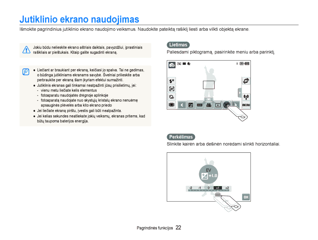 Samsung EC-ST5500BPAE1 Jutiklinio ekrano naudojimas, Lietimas, Paliesdami piktogramą, pasirinkite meniu arba parinktį 