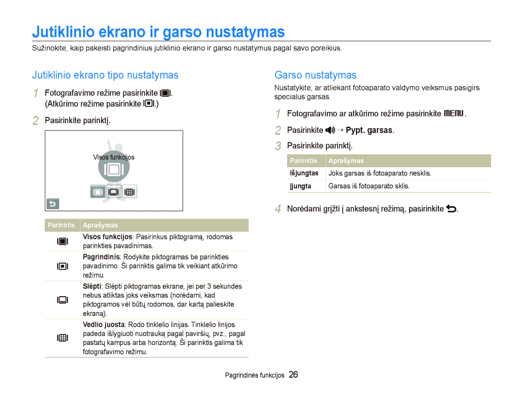 Samsung EC-ST5500BPAE1 manual Jutiklinio ekrano ir garso nustatymas, Jutiklinio ekrano tipo nustatymas, Garso nustatymas 