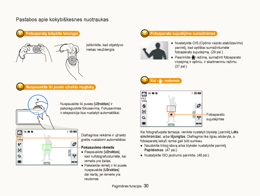 Samsung EC-ST5500BPAE1 manual Fotoaparatą laikykite teisingai, Nuspauskite iki pusės užrakto mygtuką, Fokusavimo rėmelis 