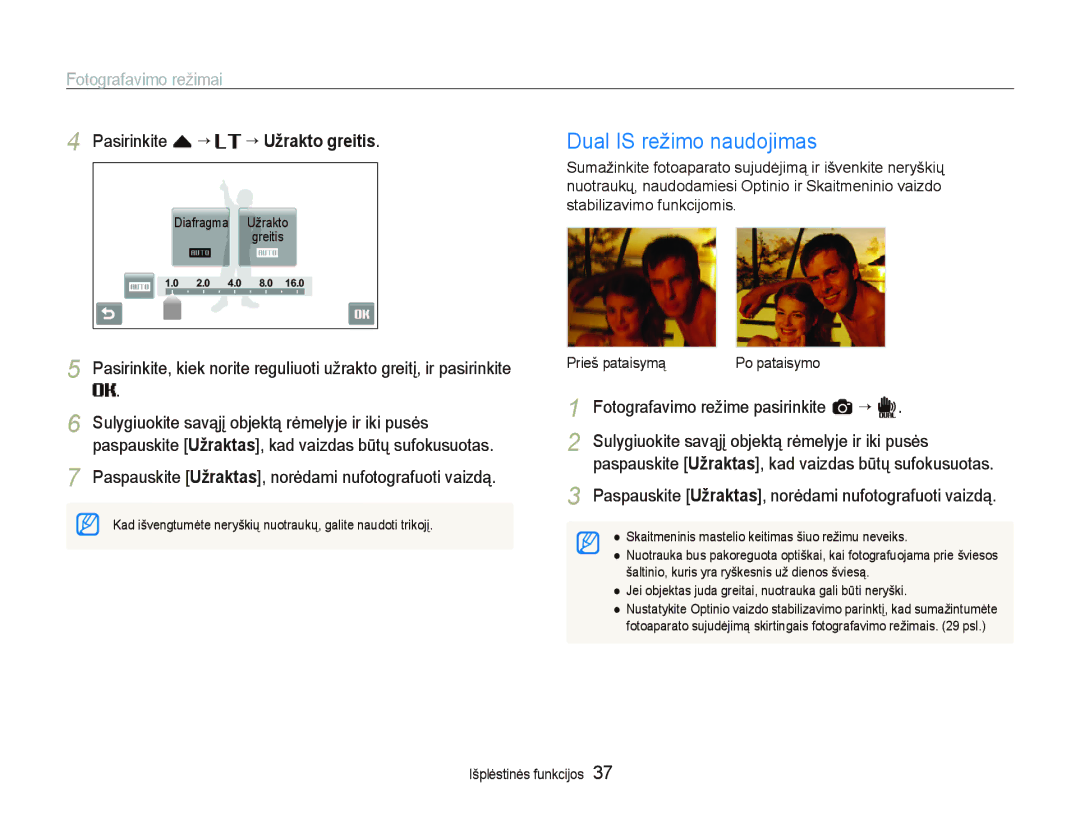 Samsung EC-ST5500BPARU, EC-ST5500BPOE1, EC-ST5500BPBRU manual Dual is režimo naudojimas, Pasirinkite f “, ““Užrakto greitis 