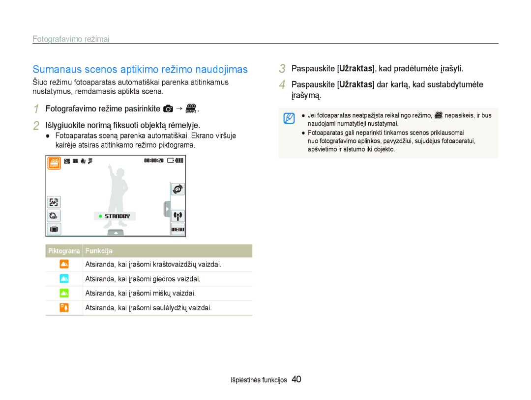Samsung EC-ST5500BPBRU, EC-ST5500BPOE1, EC-ST5500BPARU, EC-ST5500BPAE1 manual Sumanaus scenos aptikimo režimo naudojimas 