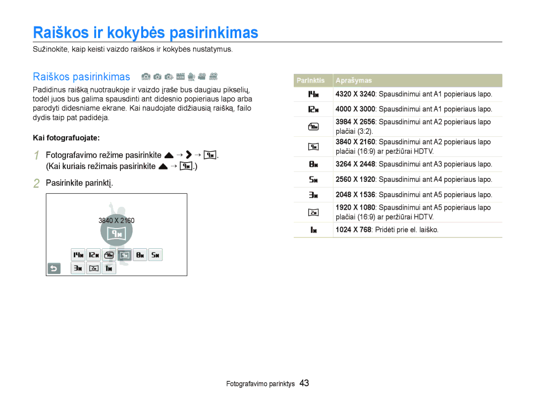 Samsung EC-ST5500BPOE1 manual Raiškos ir kokybės pasirinkimas, Raiškos pasirinkimas S a p s d v D, Kai fotografuojate 