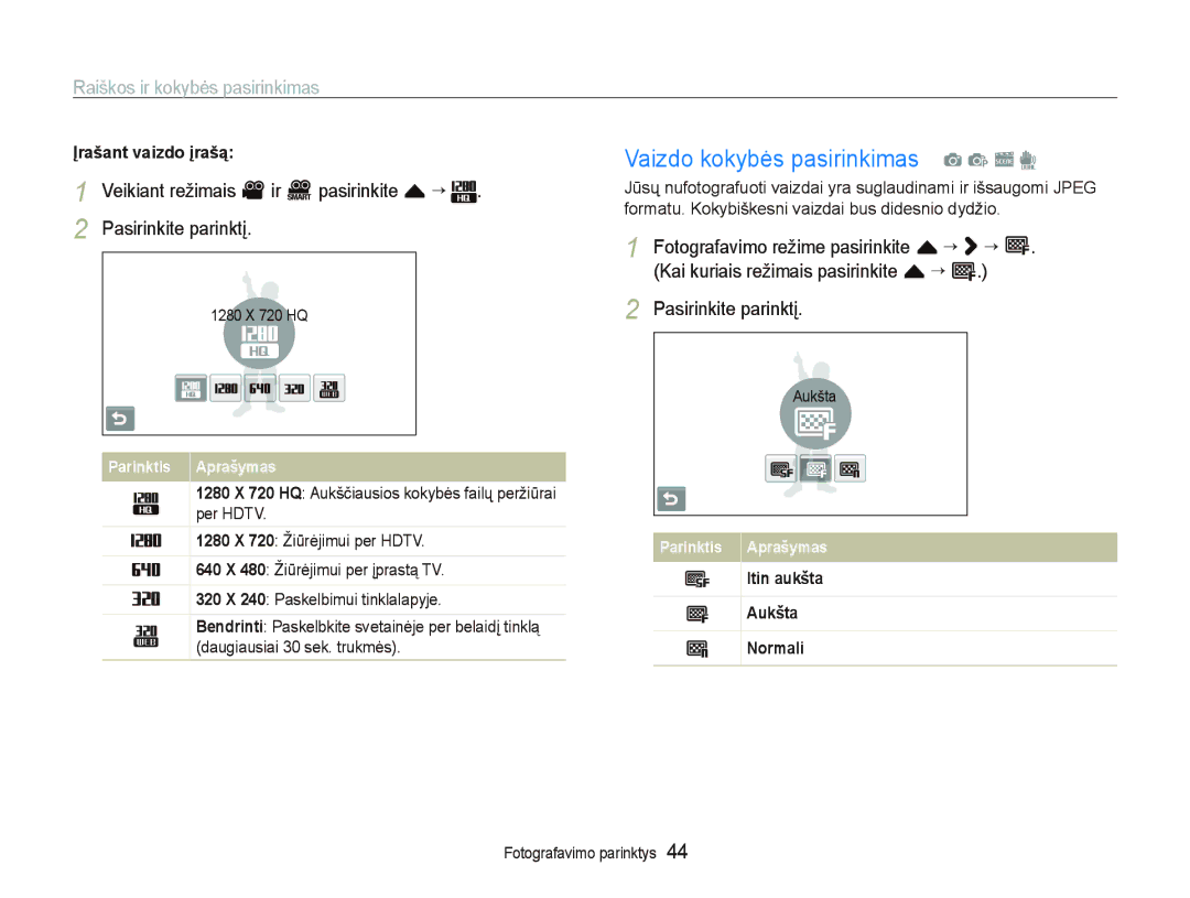 Samsung EC-ST5500BPBRU manual Vaizdo kokybės pasirinkimas a p s d, Raiškos ir kokybės pasirinkimas, Įrašant vaizdo įrašą 