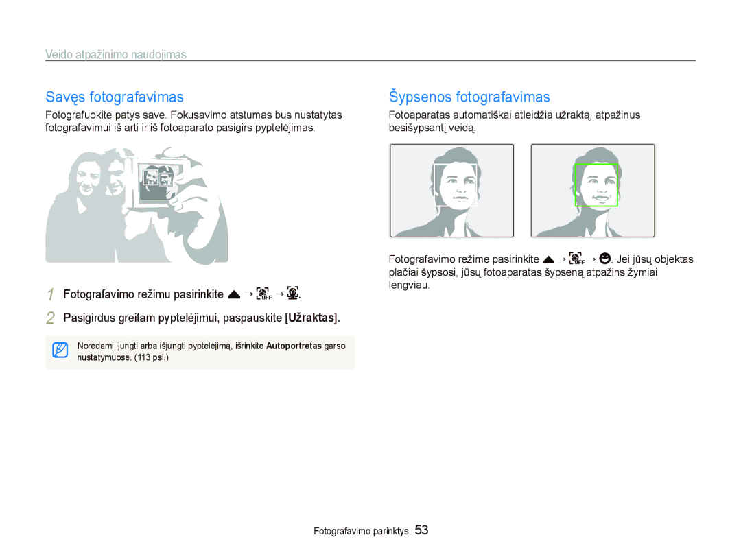 Samsung EC-ST5500BPARU, EC-ST5500BPOE1 manual Savęs fotografavimas, Šypsenos fotografavimas, Veido atpažinimo naudojimas 