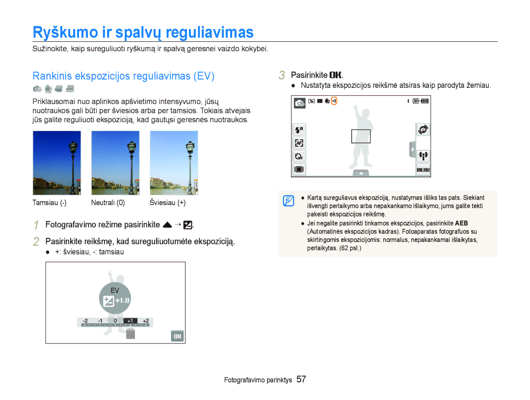 Samsung EC-ST5500BPARU, EC-ST5500BPOE1 Ryškumo ir spalvų reguliavimas, Rankinis ekspozicijos reguliavimas EV, Pasirinkite 