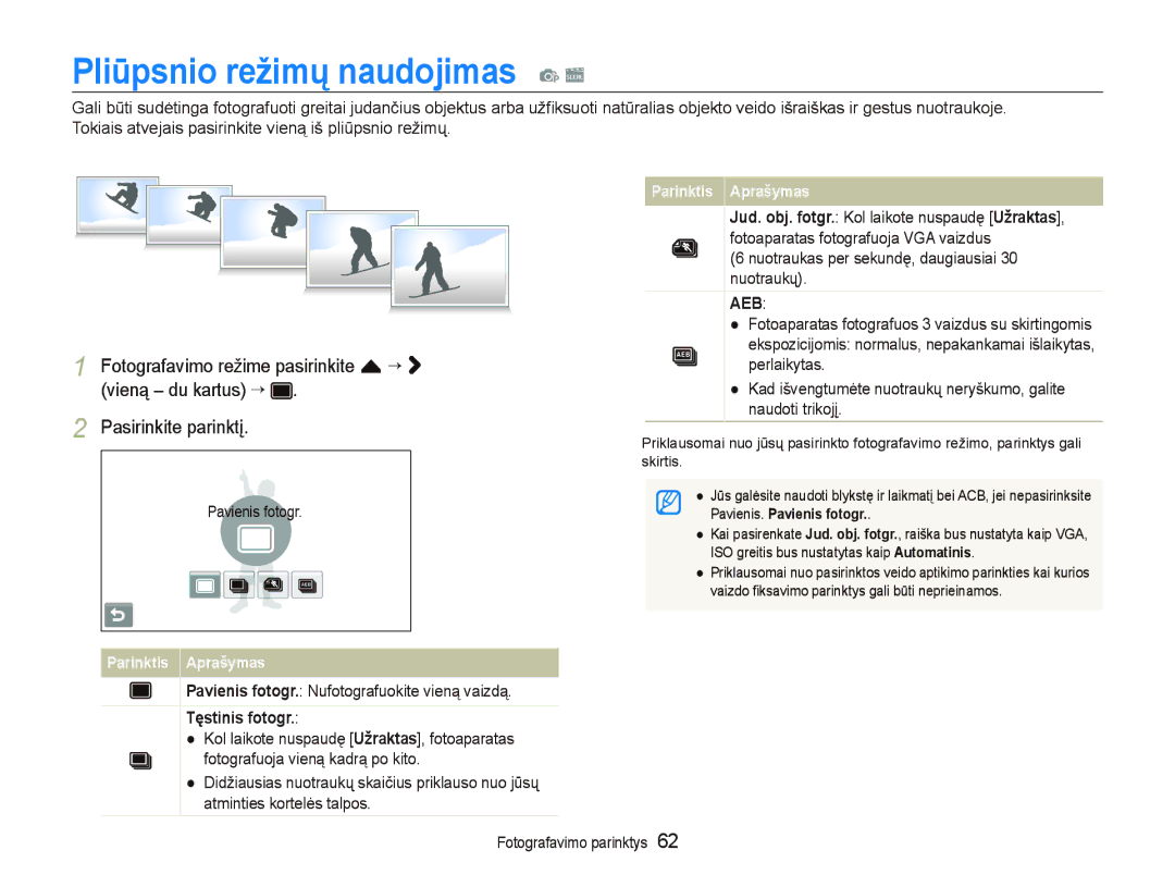 Samsung EC-ST5500BPAE1 Pliūpsnio režimų naudojimas p s, Pavienis fotogr. Nufotografuokite vieną vaizdą, Tęstinis fotogr 