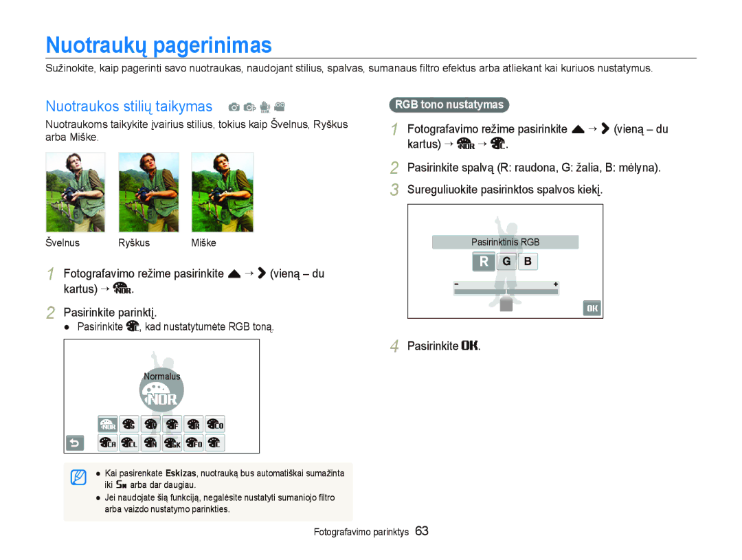 Samsung EC-ST5500BPOE1 manual Nuotraukų pagerinimas, Nuotraukos stilių taikymas a p d, Kartus ““, RGB tono nustatymas 