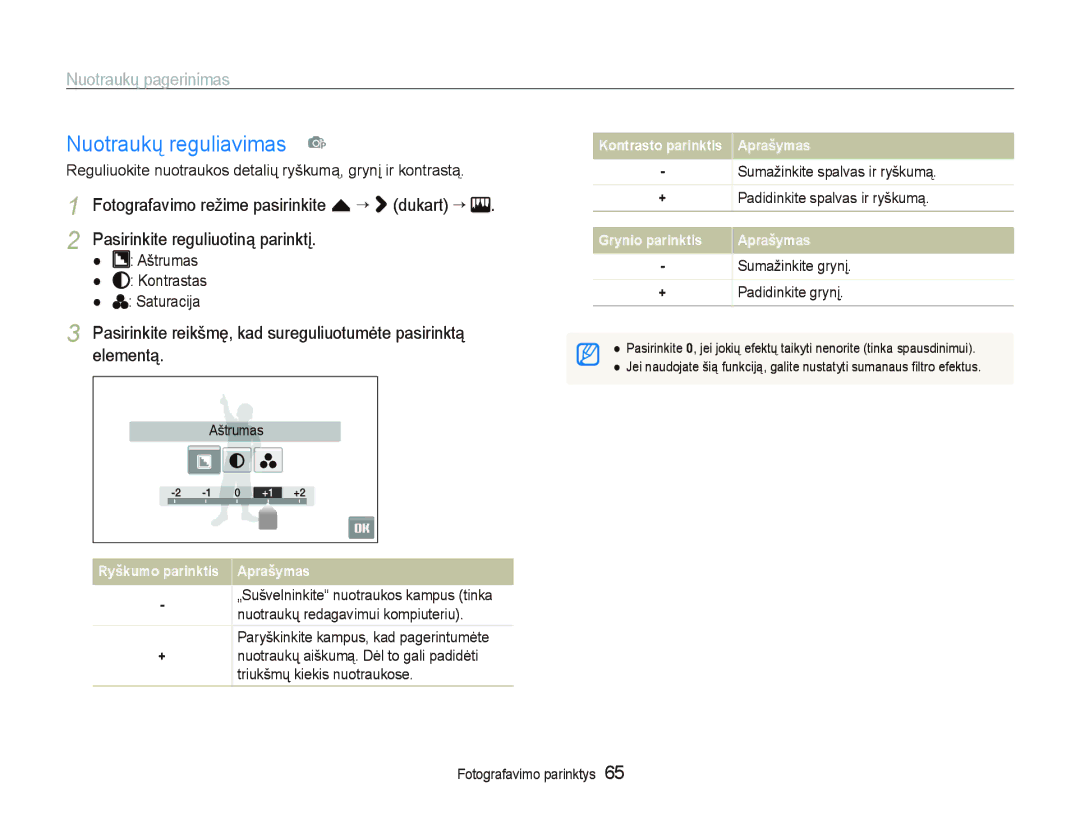 Samsung EC-ST5500BPARU manual Nuotraukų reguliavimas p, Reguliuokite nuotraukos detalių ryškumą, grynį ir kontrastą 