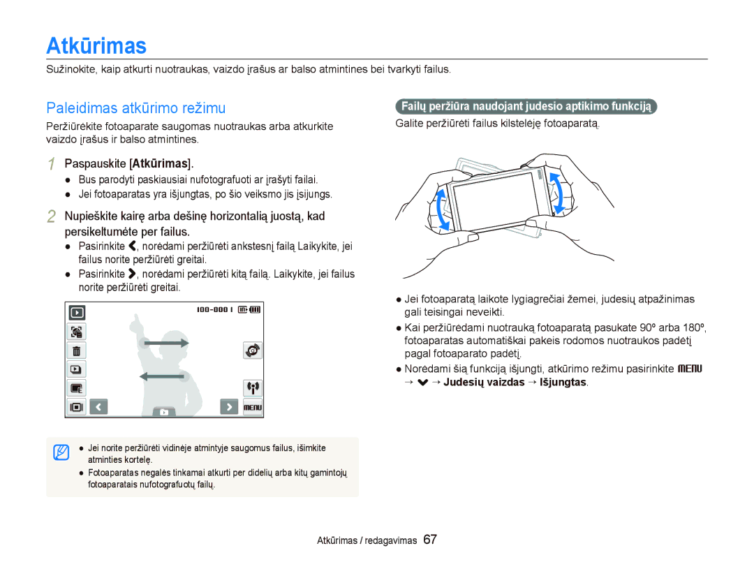 Samsung EC-ST5500BPOE1 manual Paleidimas atkūrimo režimu, Paspauskite Atkūrimas, “ . ““Judesių vaizdas “ Išjungtas 