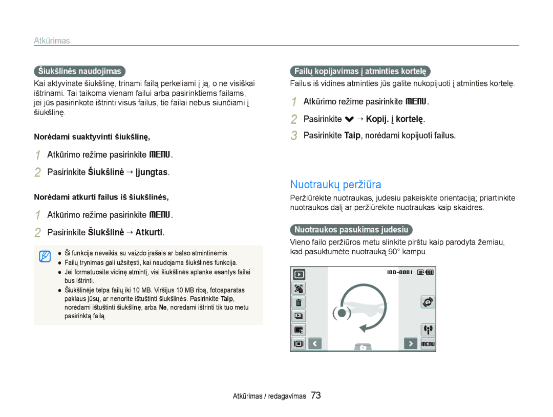 Samsung EC-ST5500BPARU manual Nuotraukų peržiūra, Pasirinkite Šiukšlinė “ Įjungtas, Pasirinkite . ““Kopij. į kortelę 