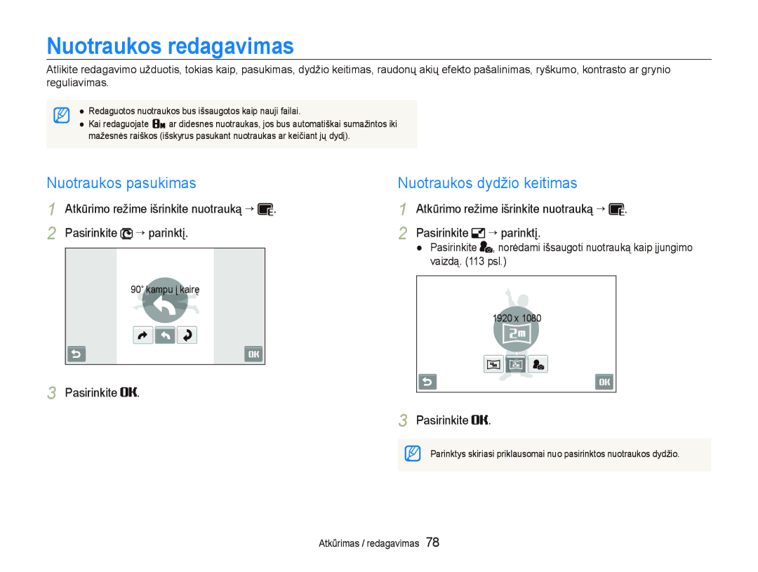 Samsung EC-ST5500BPAE1 Nuotraukos redagavimas, Nuotraukos pasukimas, Nuotraukos dydžio keitimas, Pasirinkite ““parinktį 