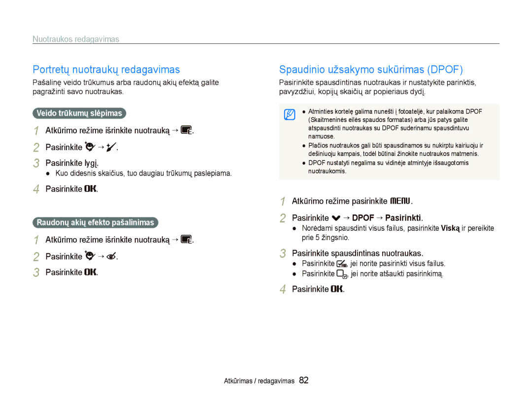 Samsung EC-ST5500BPAE1 manual Portretų nuotraukų redagavimas, Spaudinio užsakymo sukūrimas Dpof, Veido trūkumų slėpimas 