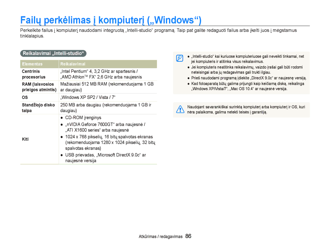 Samsung EC-ST5500BPAE1, EC-ST5500BPOE1, EC-ST5500BPBRU Failų perkėlimas į kompiuterį „Windows, Reikalavimai „Intelli-studio 