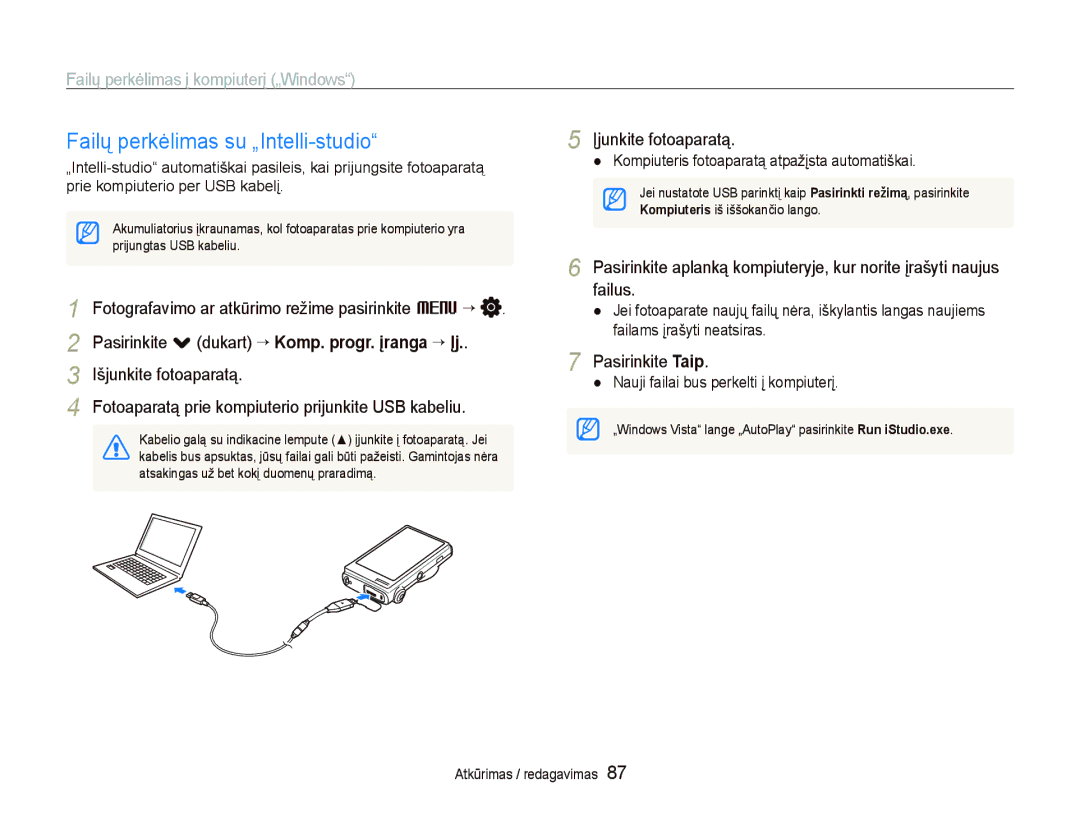 Samsung EC-ST5500BPOE1 Failų perkėlimas su „Intelli-studio, Failų perkėlimas į kompiuterį „Windows, Išjunkite fotoaparatą 