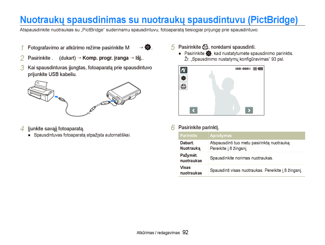 Samsung EC-ST5500BPBRU, EC-ST5500BPOE1 Pasirinkite , norėdami spausdinti, Spausdintuvas fotoaparatą atpažįsta automatiškai 