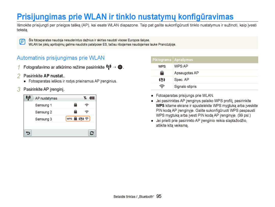 Samsung EC-ST5500BPOE1 Prisijungimas prie Wlan ir tinklo nustatymų konﬁgūravimas, Automatinis prisijungimas prie Wlan 