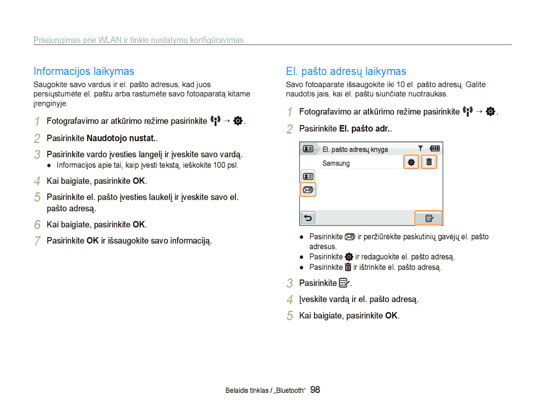 Samsung EC-ST5500BPAE1 manual Informacijos laikymas, El. pašto adresų laikymas, Pasirinkite Naudotojo nustat, Pašto adresą 