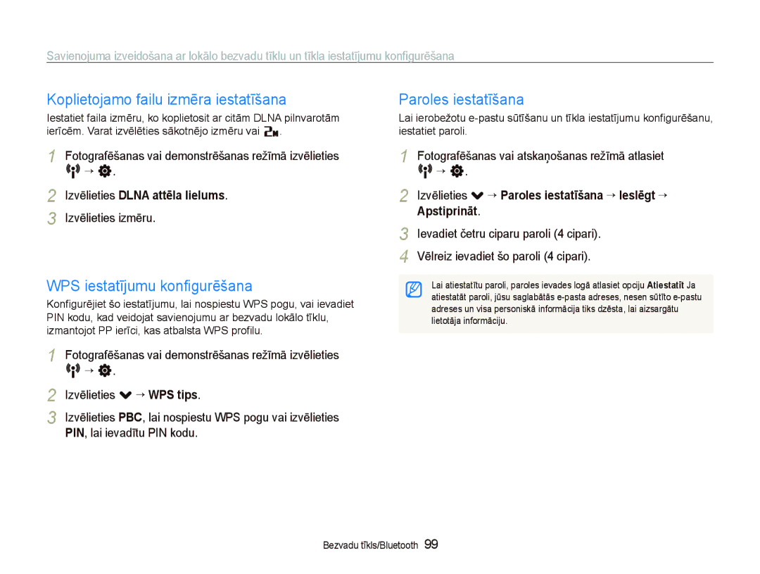 Samsung EC-ST5500BPOE1 manual Koplietojamo failu izmēra iestatīšana, WPS iestatījumu konﬁgurēšana, Paroles iestatīšana 