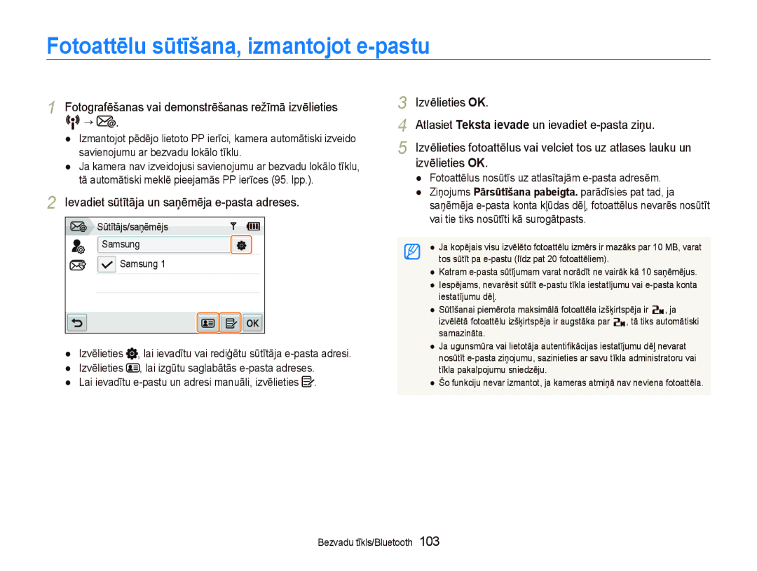 Samsung EC-ST5500BPOE1 manual Fotoattēlu sūtīšana, izmantojot e-pastu, Fotografēšanas vai demonstrēšanas režīmā izvēlieties 