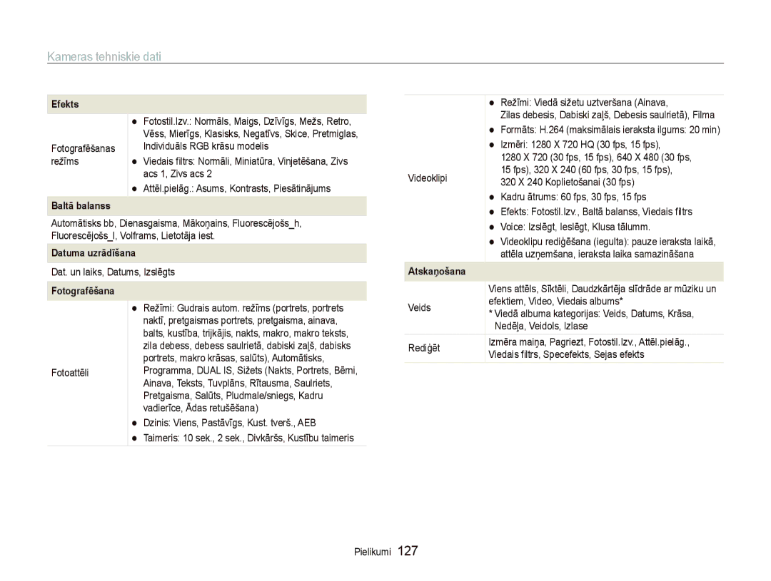 Samsung EC-ST5500BPOE1, EC-ST5500BPBRU, EC-ST5500BPARU, EC-ST5500BPAE1 manual Kameras tehniskie dati, Efekts 