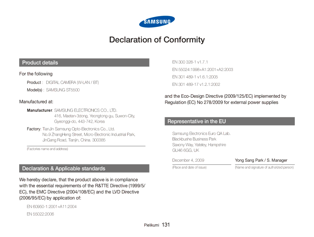 Samsung EC-ST5500BPOE1, EC-ST5500BPBRU, EC-ST5500BPARU, EC-ST5500BPAE1 manual For the following, Manufactured at 