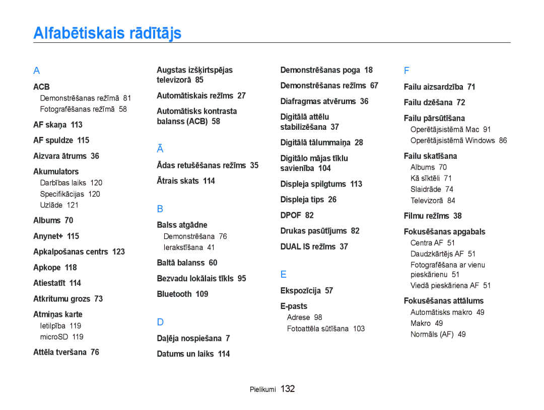 Samsung EC-ST5500BPBRU, EC-ST5500BPOE1, EC-ST5500BPARU, EC-ST5500BPAE1 manual Alfabētiskais rādītājs 