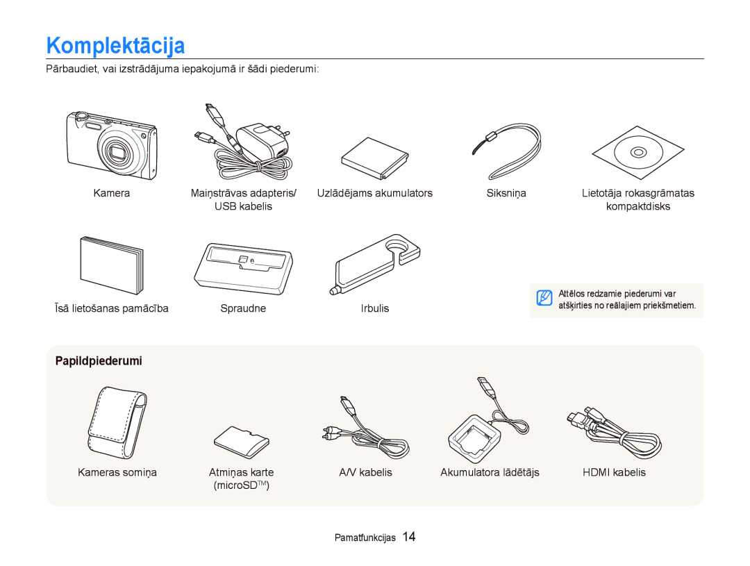 Samsung EC-ST5500BPAE1, EC-ST5500BPOE1, EC-ST5500BPBRU, EC-ST5500BPARU manual Komplektācija, Papildpiederumi 