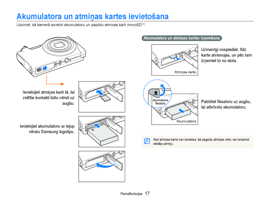 Samsung EC-ST5500BPARU, EC-ST5500BPOE1 Akumulatora un atmiņas kartes ievietošana, Akumulatora un atmiņas kartes izņemšana 