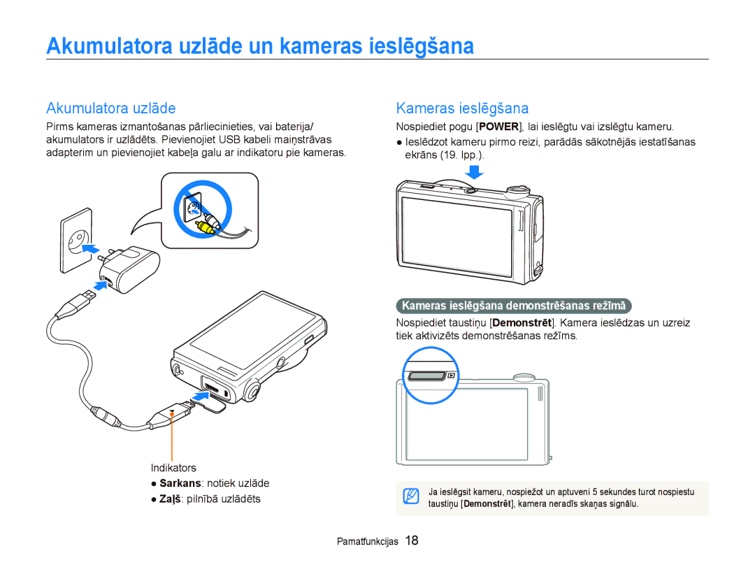 Samsung EC-ST5500BPAE1, EC-ST5500BPOE1, EC-ST5500BPBRU manual Akumulatora uzlāde un kameras ieslēgšana, Kameras ieslēgšana 