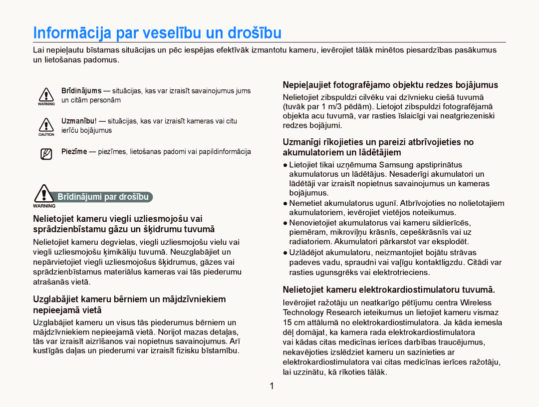 Samsung EC-ST5500BPARU manual Informācija par veselību un drošību, Nepieļaujiet fotografējamo objektu redzes bojājumus 