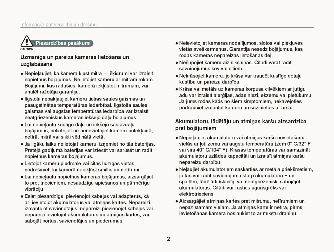 Samsung EC-ST5500BPAE1 manual Uzmanīga un pareiza kameras lietošana un uzglabāšana, Informācija par veselību un drošību 