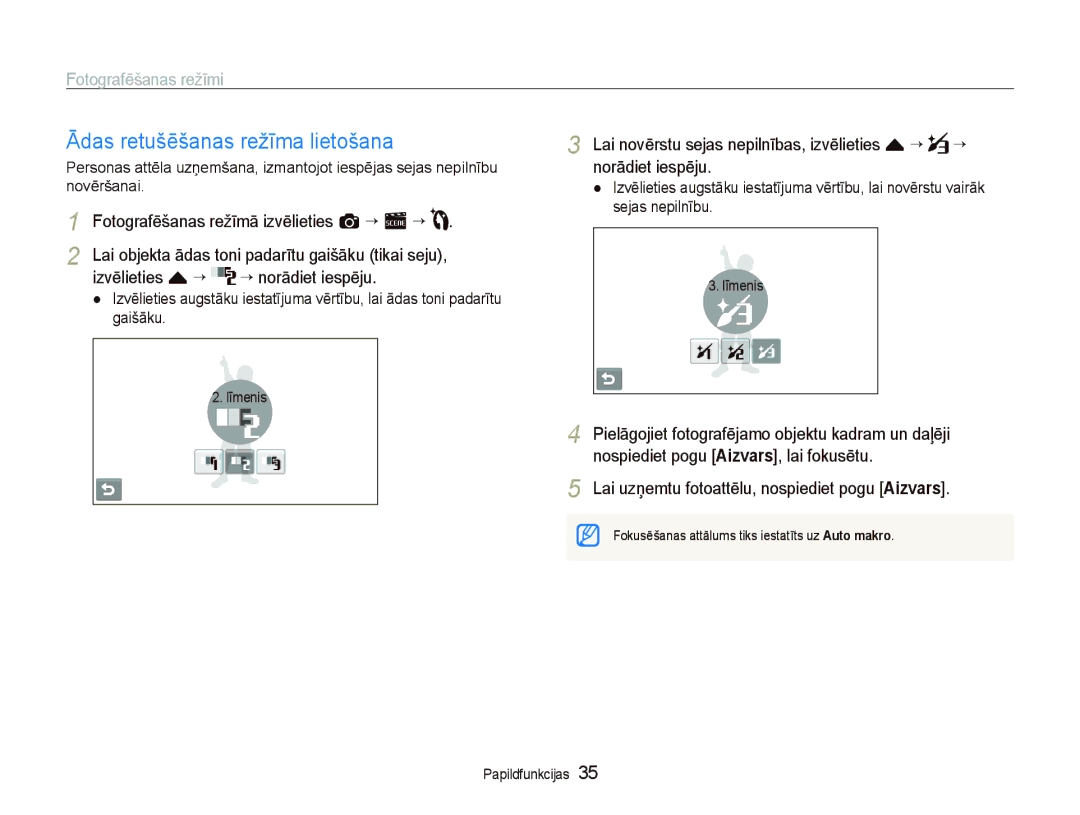 Samsung EC-ST5500BPOE1 manual Ādas retušēšanas režīma lietošana, Izvēlieties f ““ ““norādiet iespēju, Norādiet iespēju 